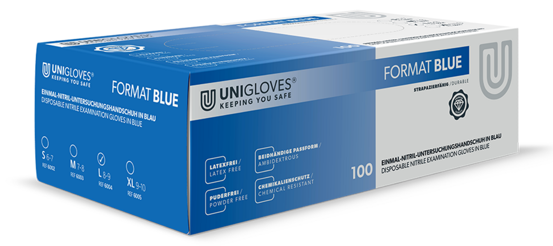 Unigloves Format Blue - EN 374 disposable nitrile gloves powder free blue