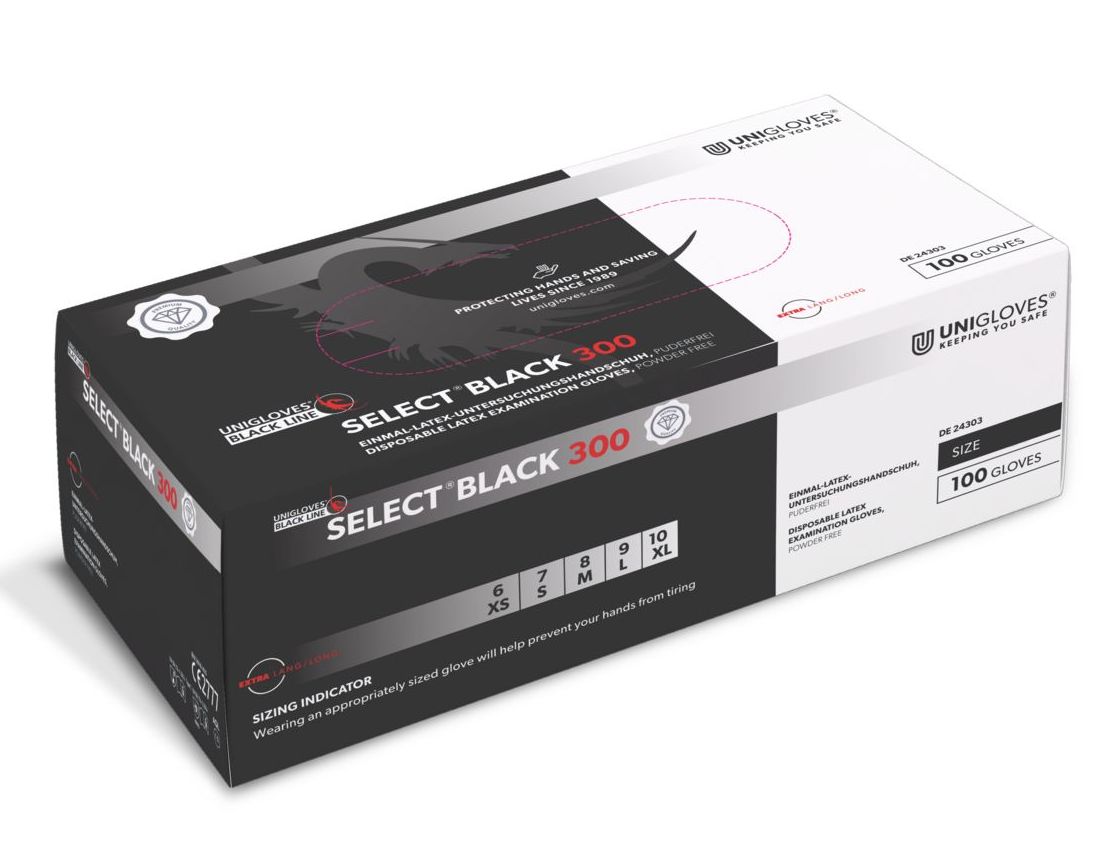 Unigloves Select Black 300 Latex Disposable Gloves Powder Free