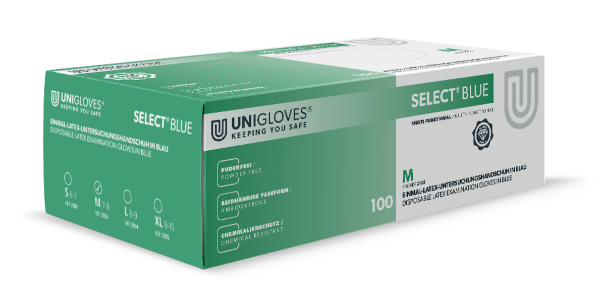 Unigloves Select Blue Latex-Einweghandschuhe puderfrei