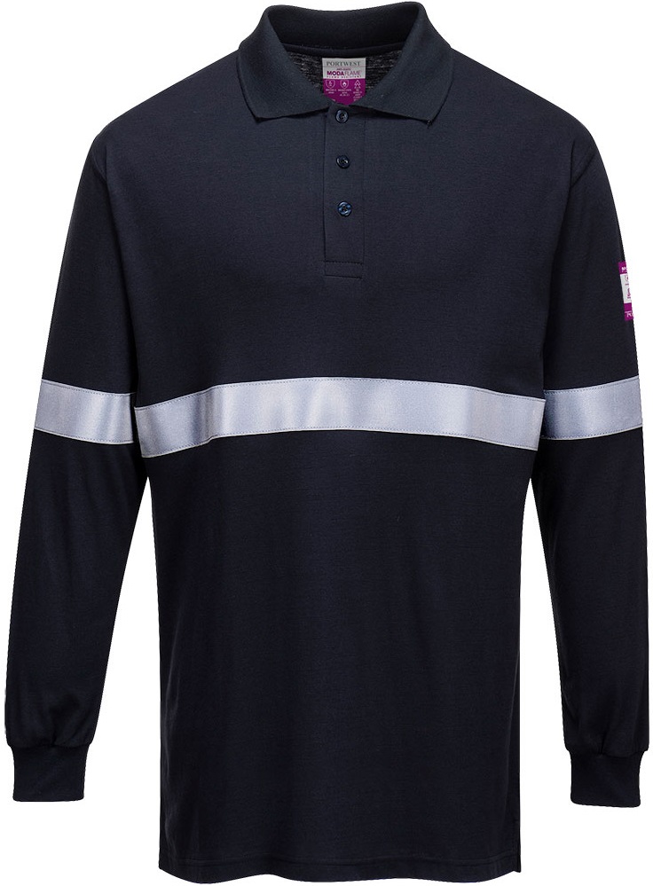 Portwest FR03 long sleeve polo shirt with reflective stripes 40+ UPF 