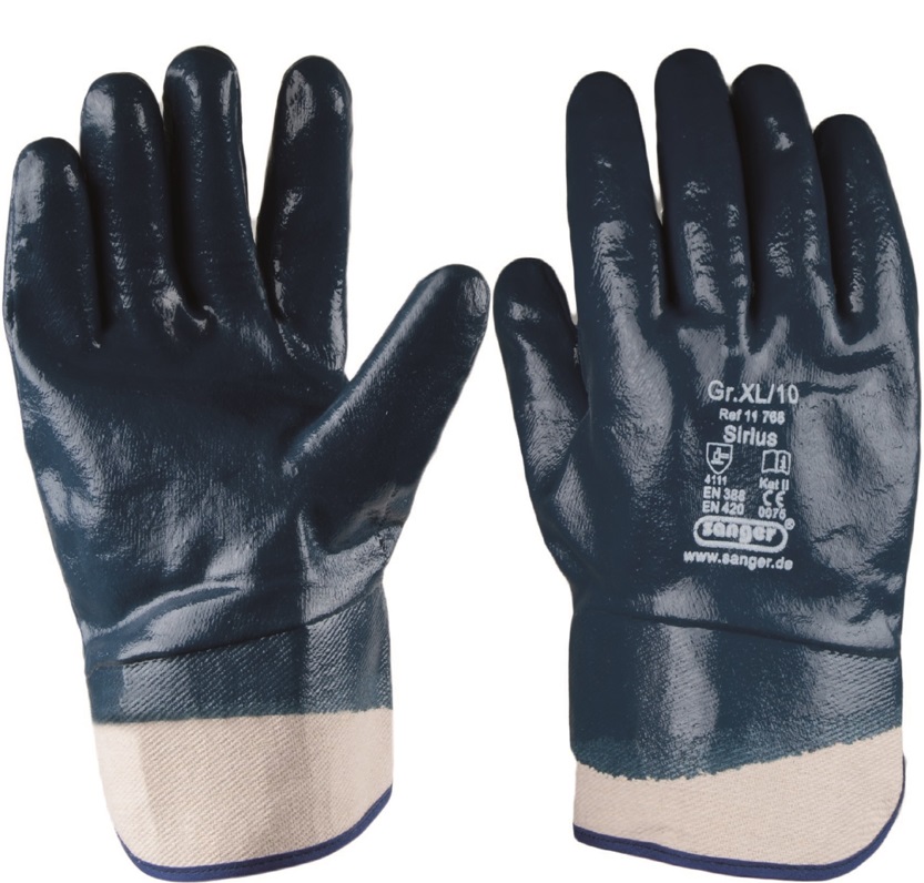 Cotton protective gloves Sirius with liquid-proof nitrile coating and gauntlet