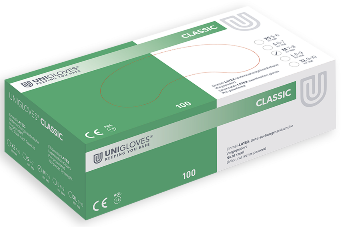 Unigloves Classic Latex Disposable Gloves powdered white 