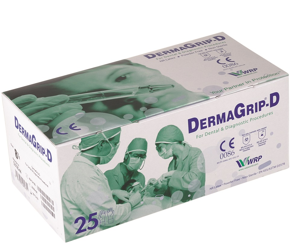 derma_grip_d_box-2 Unigloves Derma Grip D Latex dental gloves powder free white D3160-44, D3165 D3170 D3175 D3180 D3181