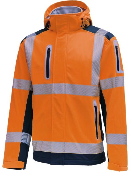 Vizwell VW177TO high visibility softshell jacket with hood fluorescent orange navy